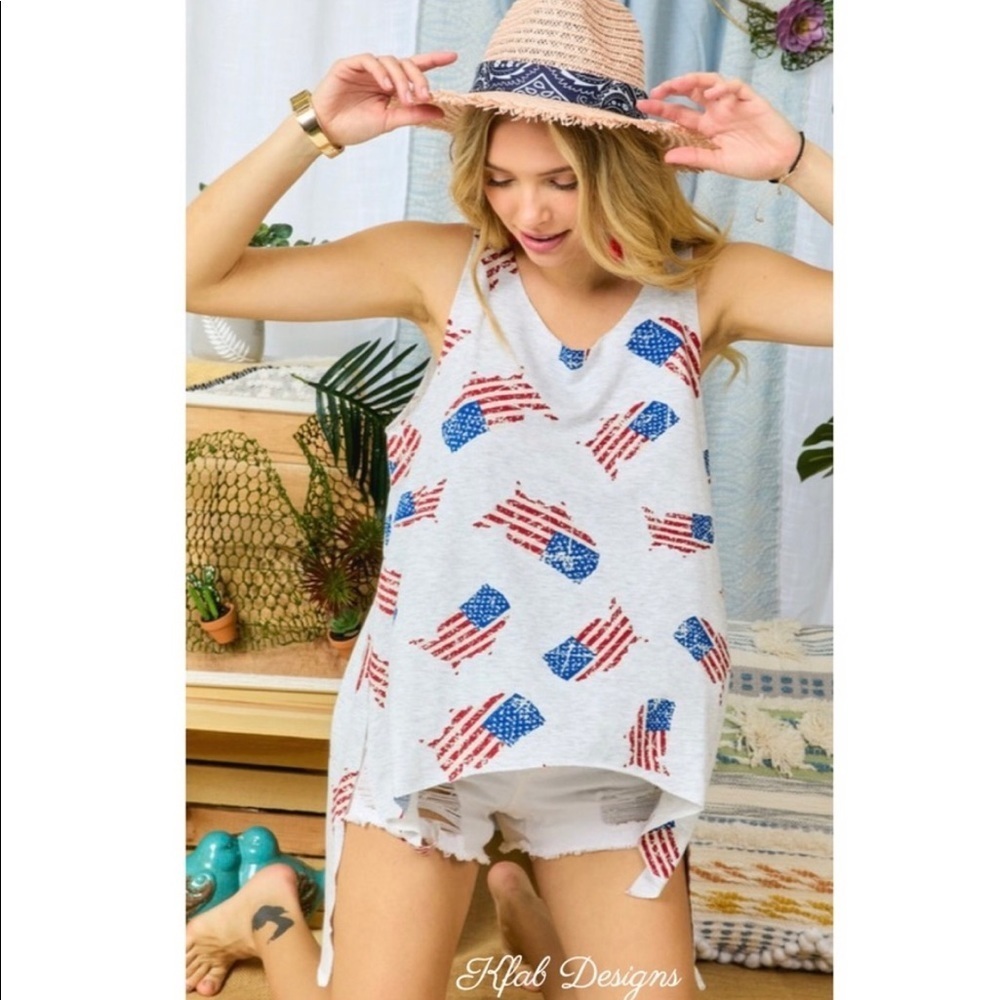 New! Sale 🔥 French Terry V Neck Flag Print Hi Lo Raw Hem Laser Cut Tank - Picture 5 of 9